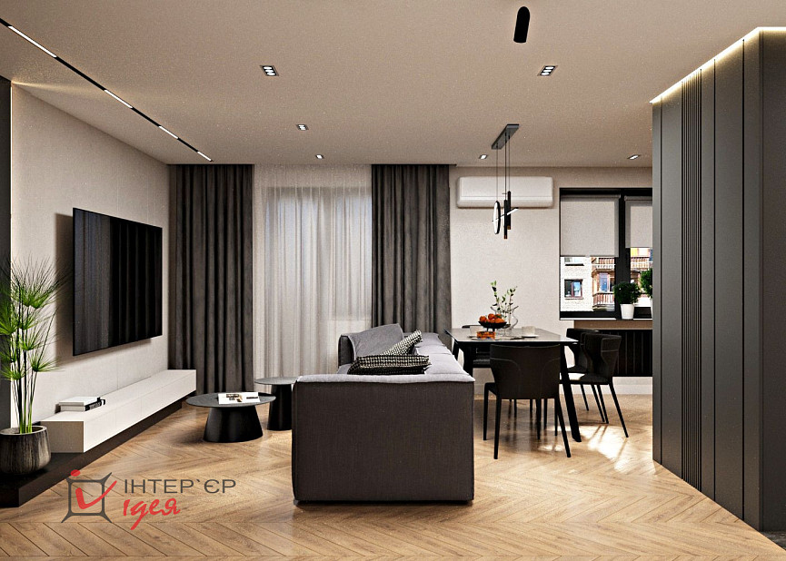 Контрастна кухня-вітальня в стилі контемпорарі