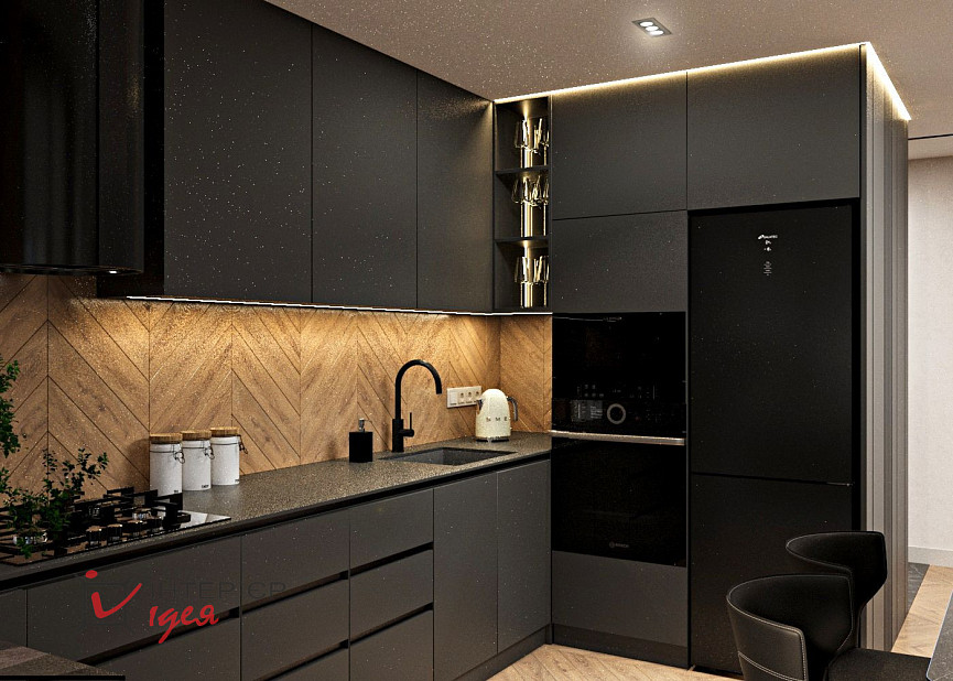 Контрастна кухня-вітальня в стилі контемпорарі