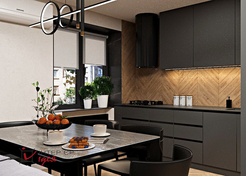 Контрастна кухня-вітальня в стилі контемпорарі