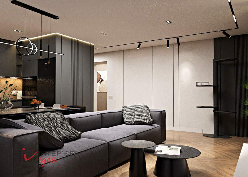 Контрастна кухня-вітальня в стилі контемпорарі