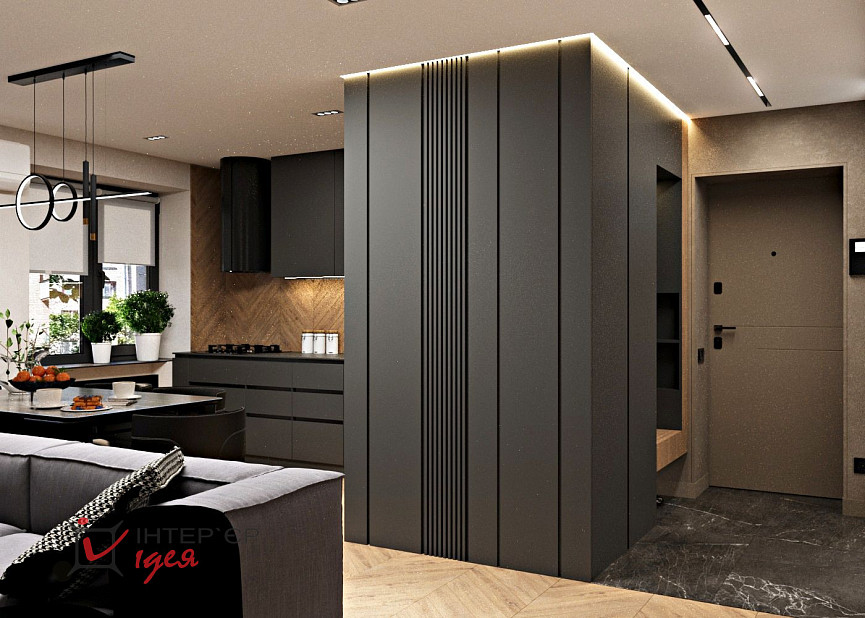 Контрастна кухня-вітальня в стилі контемпорарі