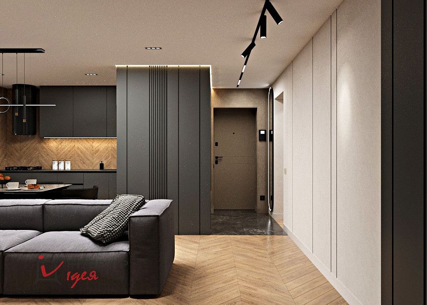 Контрастна кухня-вітальня в стилі контемпорарі