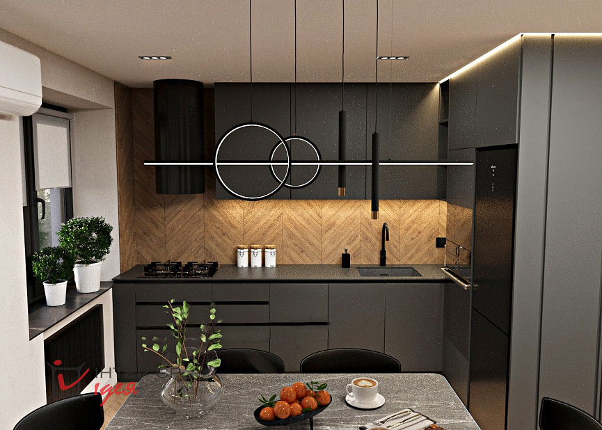 Контрастна кухня-вітальня в стилі контемпорарі