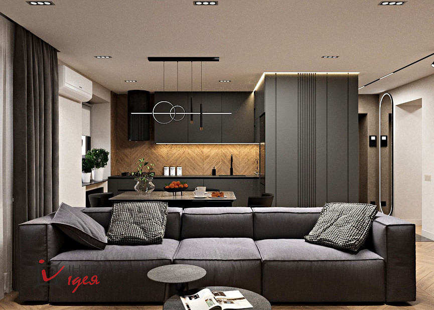 Контрастна кухня-вітальня в стилі контемпорарі