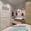Дизайн ванної в пастельних тонах з акцентами червоного